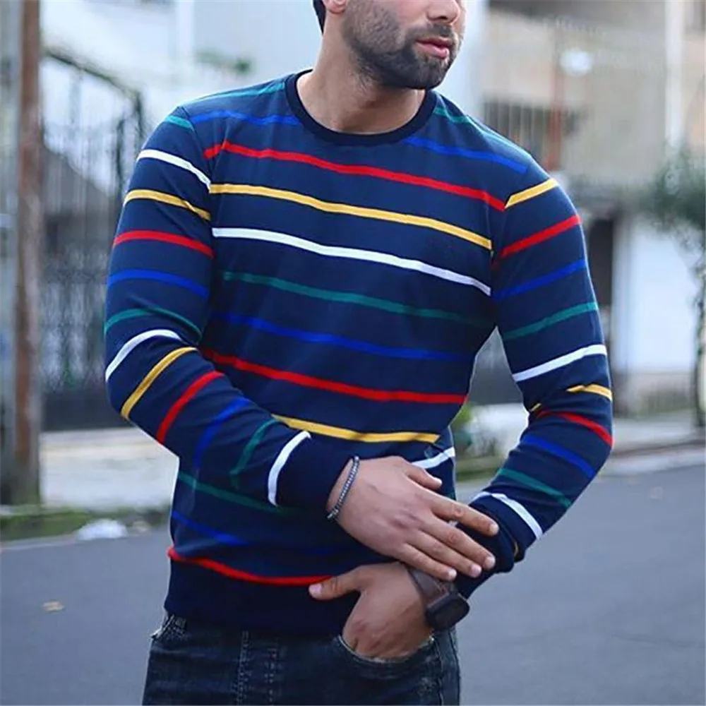 

Men Strips Fashion Long Sleeve T-shirt Pullover Plus Size S-4XL Round Neck Oversized Casual Men T Shirts 2022 Spring Basic Tops