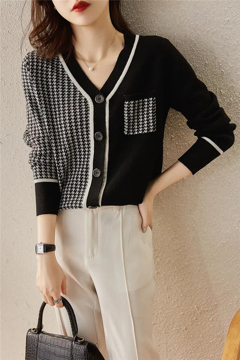 

Spring Autumn Houndstooth Cashmere Sweater Coat Long Sleeve V Neck Knitted Jackets Soft Patchwork Plaid Jumper Knitwear H113