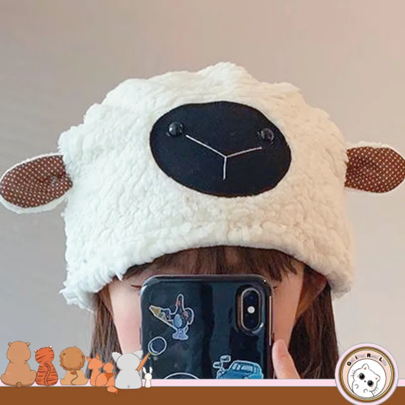 

Fluffy Hat with Lamb Ears Women Kawaii Black Sheep Hat Winter Double Layers Thickened Beanies Plush Lamb Hat with Ears Cap T125