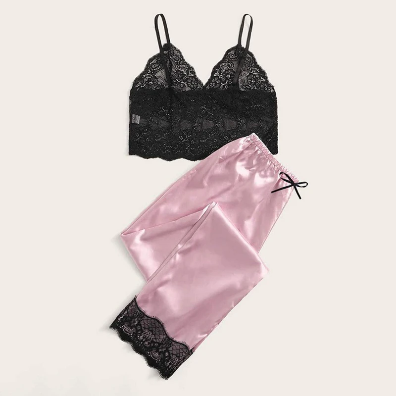 New Women Summer Sleepwear Sexy Pajama Set Lace Sleeveless Cami Top With Satin Pants Pajamas Female Nightwear Home Clothes Suit