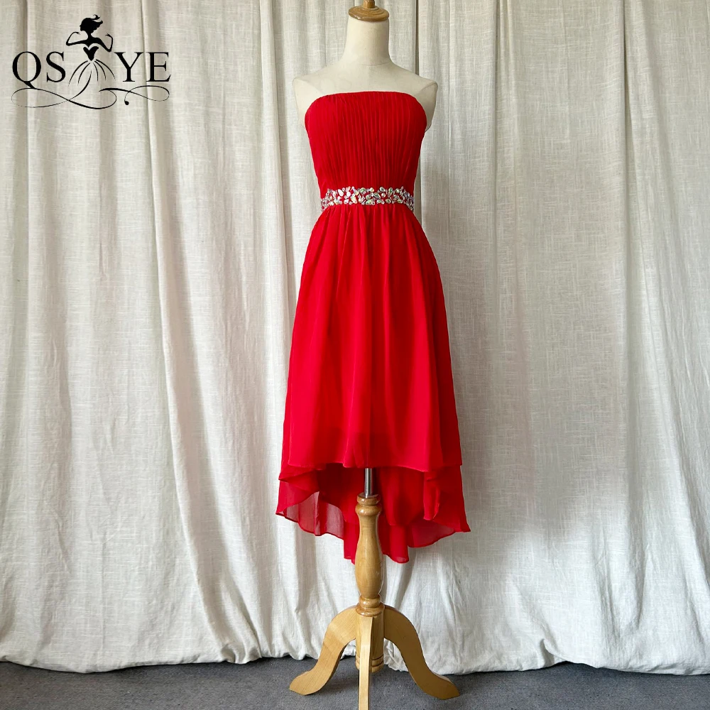 

Red A line Short Prom Dresses Off Shoulder Chiffon Evening Gown Strapless Neck Beaded Waist Belt Girls High-low Party Dress