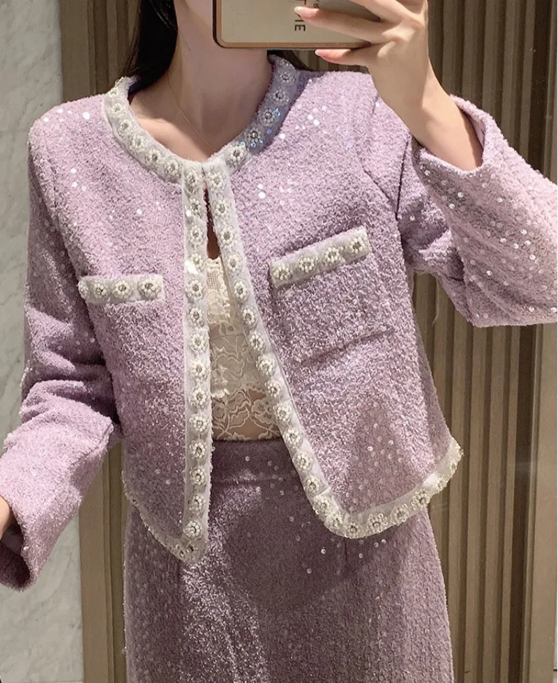 Новые элегантные твидовые комплекты из двух предметов женские фиолетовые