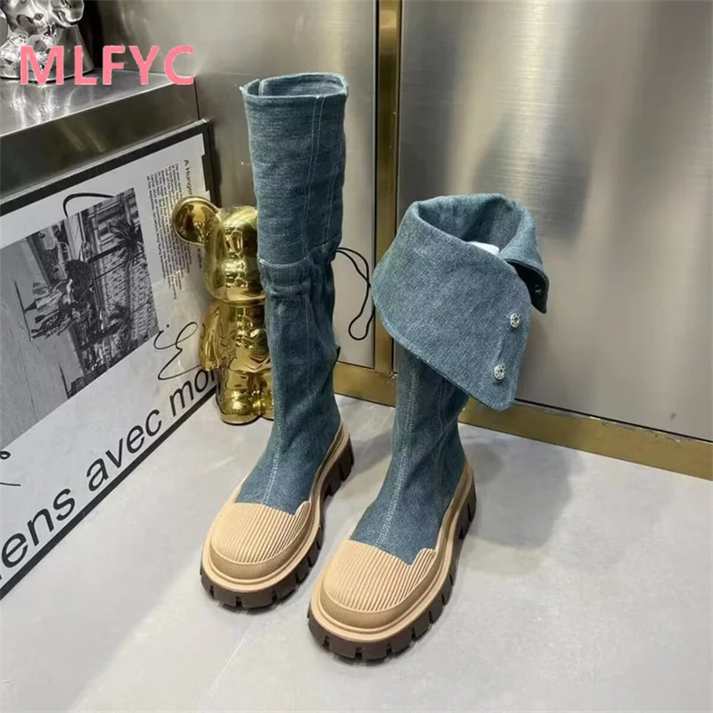 

Long boots Cowboy boot round toe thick soled boots women's fashion simple single shoes autumn and winter casual shoes