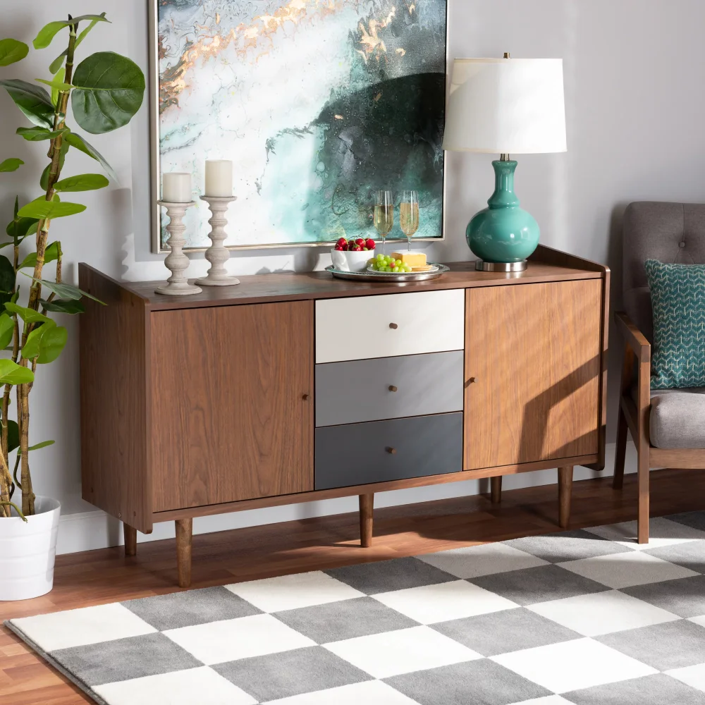 

Halden Mid-Century Modern Multicolor Walnut Brown and Grey Gradient Finished Wood 2-Door Dining Room Sideboard Buffet