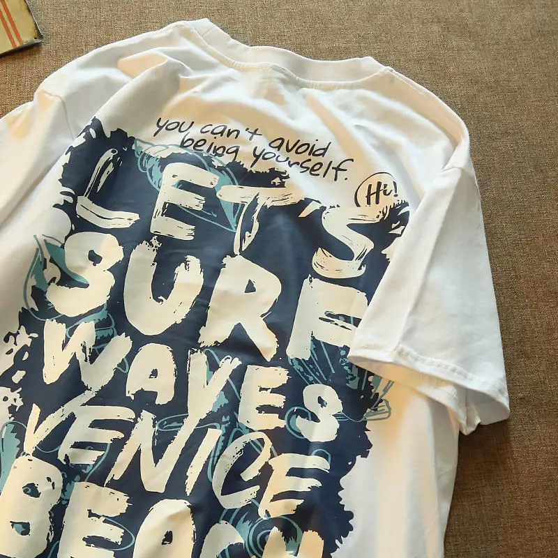

New letter printed short sleeve men summer retro trend versatile round neck T-shirt women Hong Kong Style Korean loose top y2k