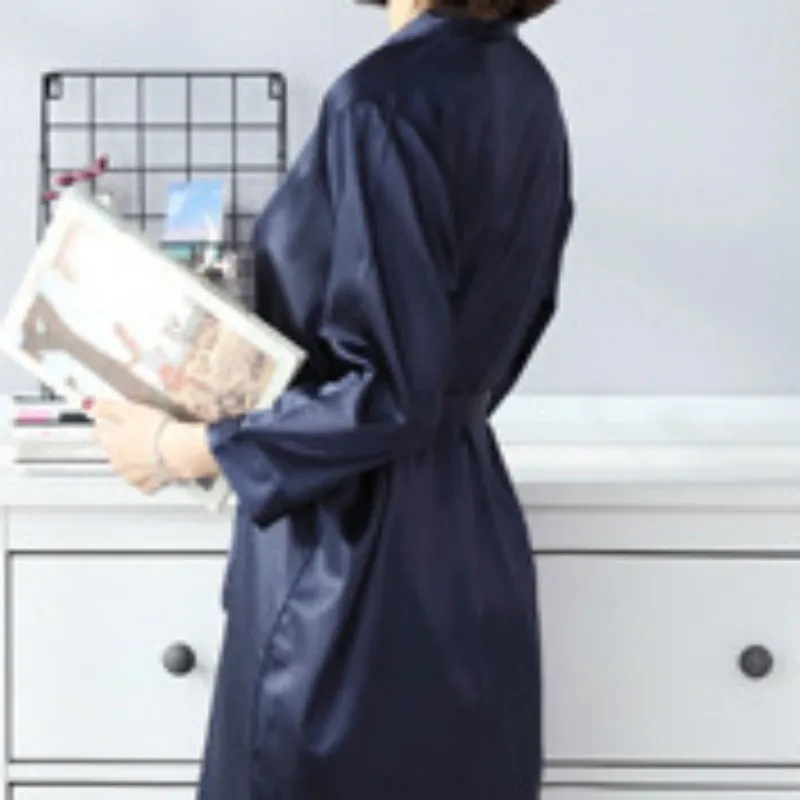 Summer One-Piece Couple's Medium Length Cardigan Nightdress Clothes New Silk Simplicity Home Tie Dress Plus Size V-Neck Pajamas
