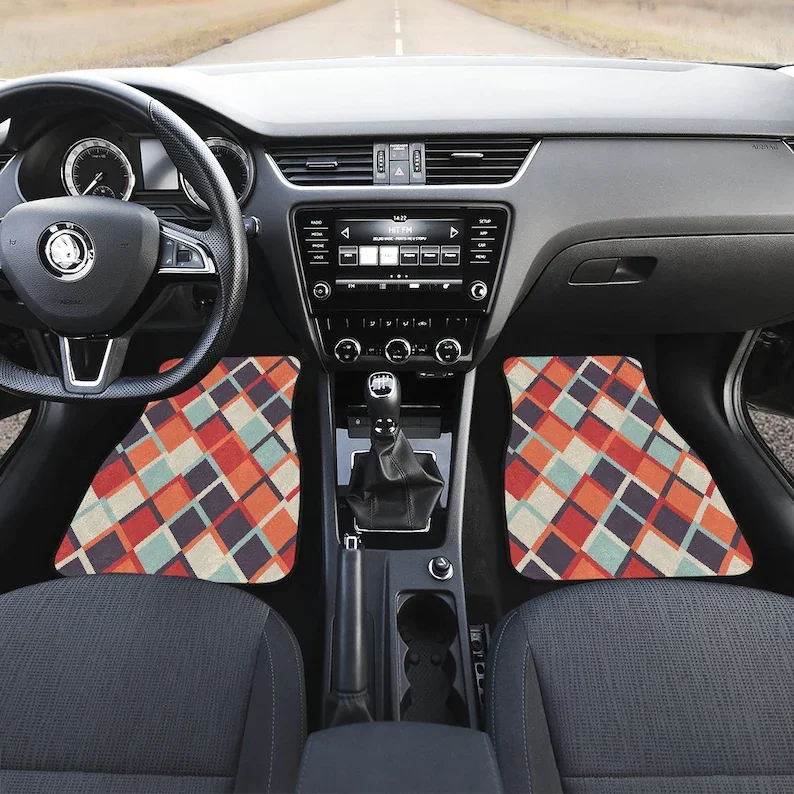 

Red Orange Beige Retro Pattern Car Floor Mats Set, Front and Back Floor Mats for Car, Car Accessories