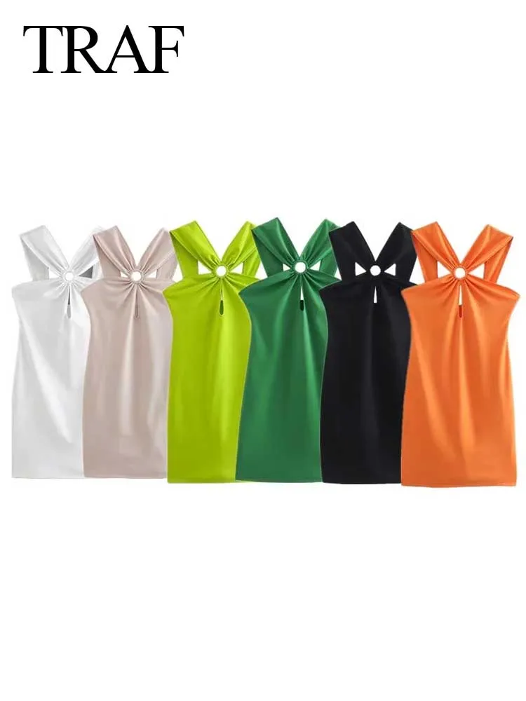 

TRAF Sexy Slim Slim Hollow Mini Dress Fashion Trend Solid Color Elegance Cross Halter Sleeveless Women's Dress Summer New