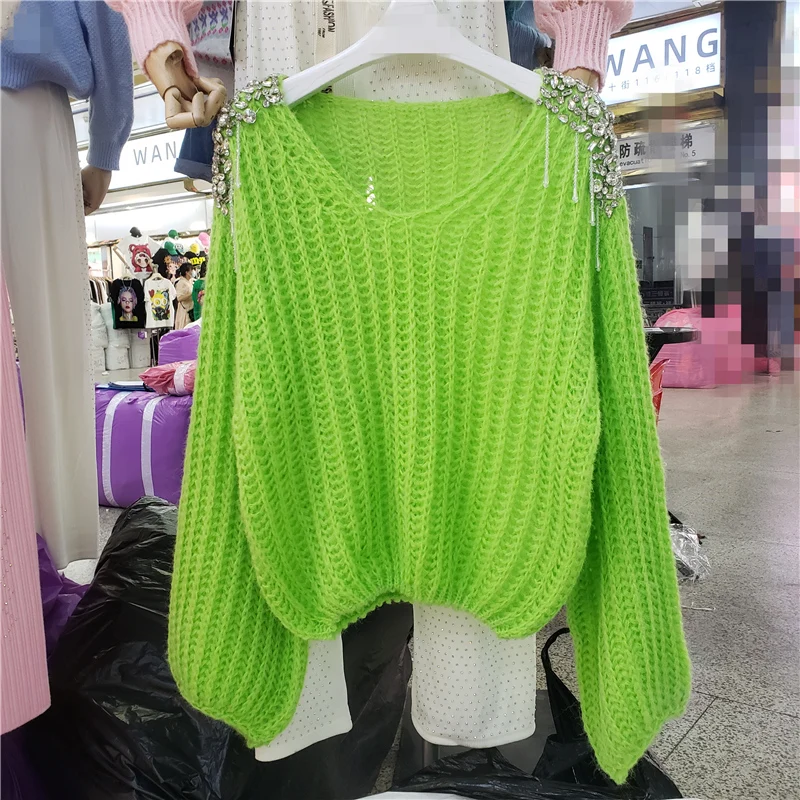 

Heavy Industry Beads Shoulder Diamond Loose Sweater Women Autumn Lazy Wind Sweaters Hot Girls Knitting Jumper Pullover Coat
