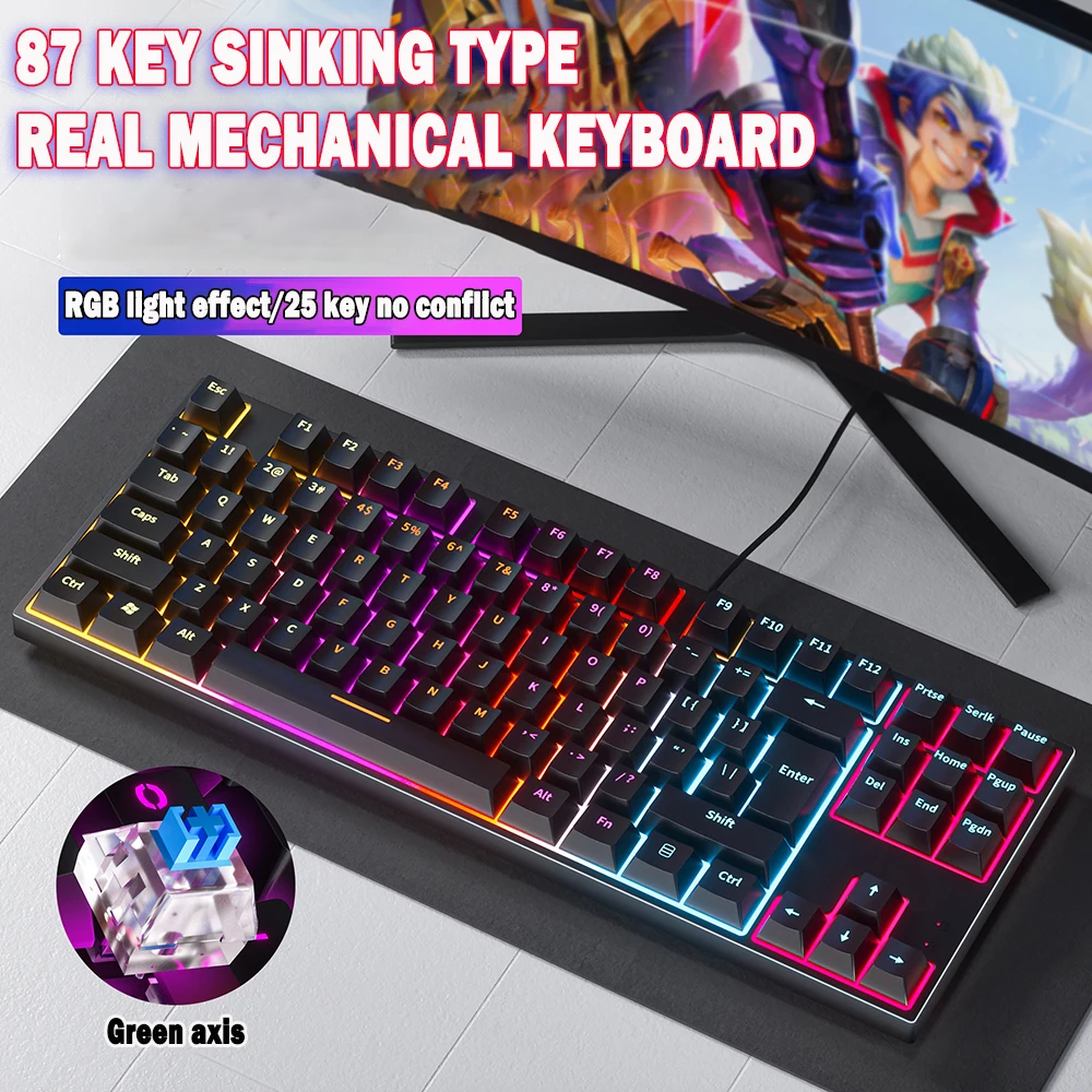 Gaming Mechanical Keyboard 87 keys Pudding Keycap Game Green Switch RGB Colours Backlit Wired Keyboard For pro Gamer Laptop PC