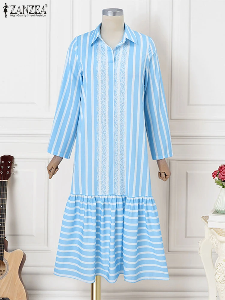 ZANZEA женские кружевные швы модное платье макси с воротником лацканами осень 2024