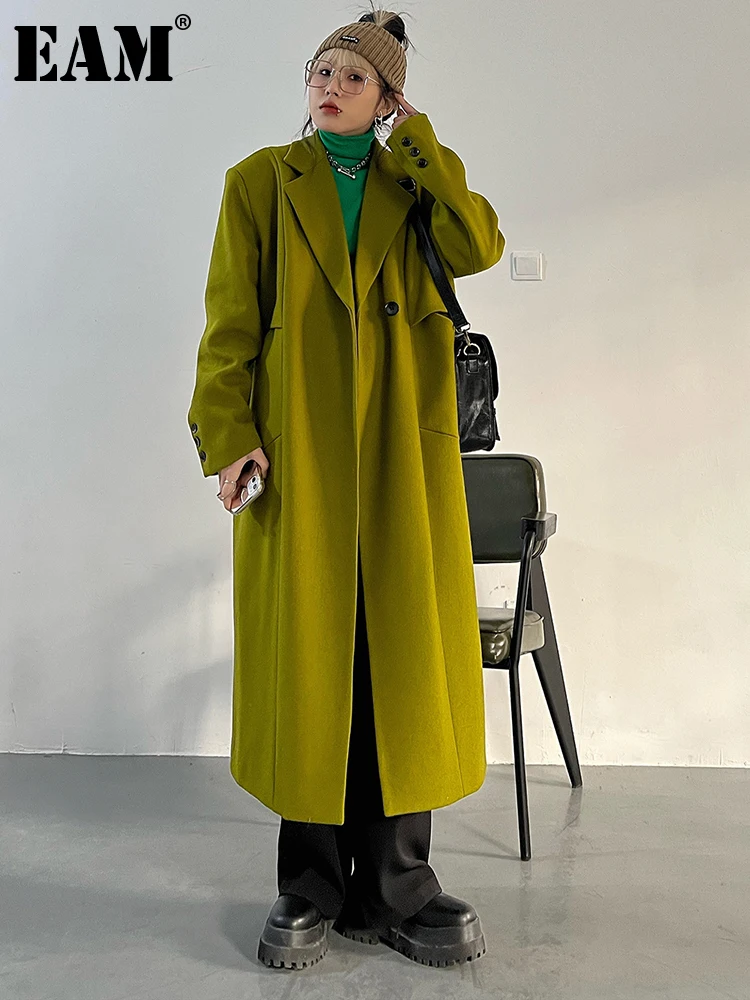 

[EAM] Loose Fit Green Brief Big Size Long Woolen Coat Parkas New Long Sleeve Women Fashion Tide Autumn Winter 2023 1DF0219