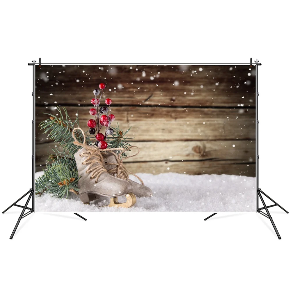 

Christmas Snow Ice Skates Red Holly Wooden Planks Photography Backdrops Custom Baby Party Decoration Photo Studio Backgrounds
