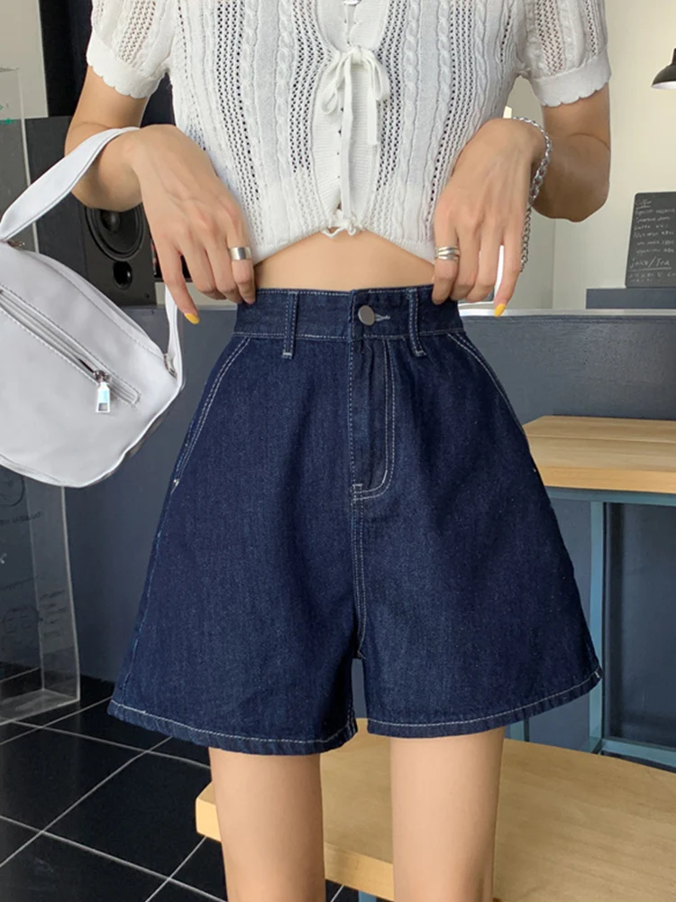 New Spring Summer Women Wide Leg Dark Blue Denim Shorts Streetwear Female Button Loose Jeans Shorts Bottoms