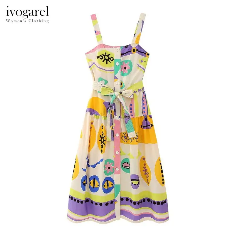 

Ivogarel Women's Printed Midi Dress Boho Casual Vintage Elegant Party Dress Straight Neckline Wide Straps Tied Belt Traff New
