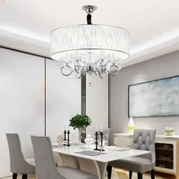 Dining Room Round Led E14 Chandelier Lighting Plate Chrome Metal Led Pendant Lighting Modern Fabric Shades Ceiling Fixtures