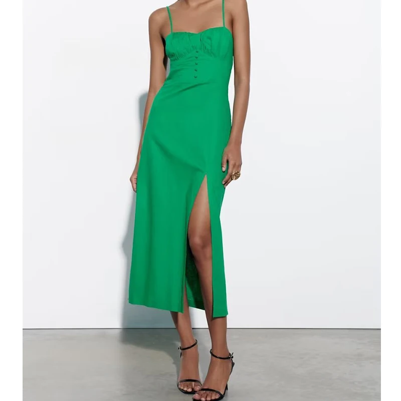 

Женское летнее сексуальное платье-корсет из смеси льна с открытой спиной, зеленое платье-слинг, платье-миди, 2023