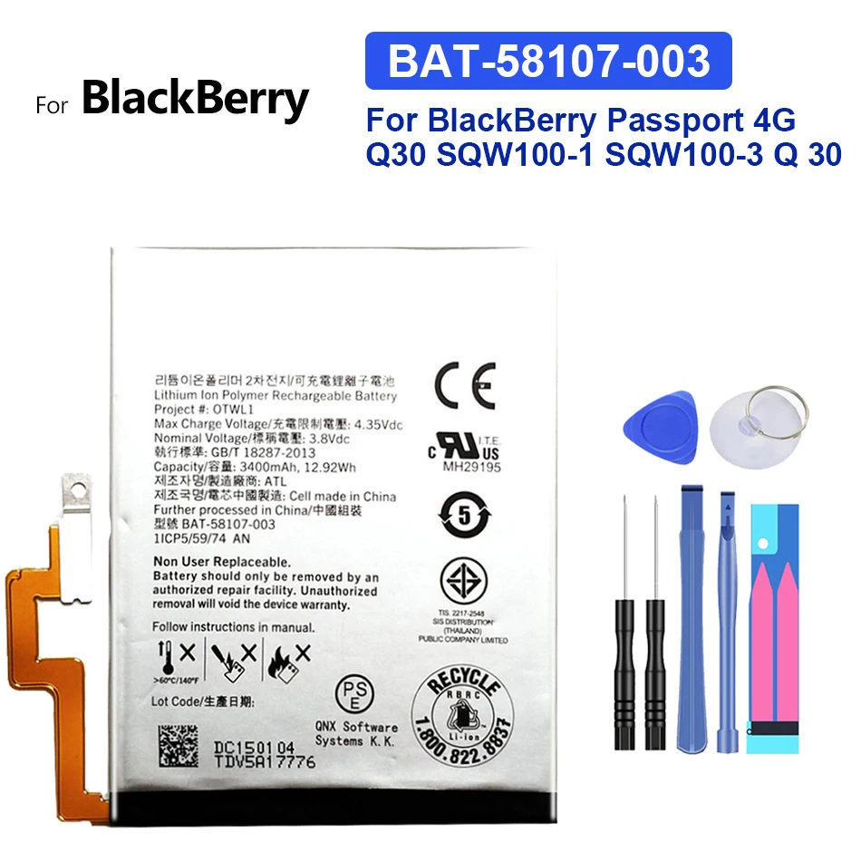 

3400mAh Battery BAT-58107-003 For BlackBerry Passport 4G Q30 SQW100-1 SQW100-3 Q 30 Mobile Phone Bateria + Tracking Number