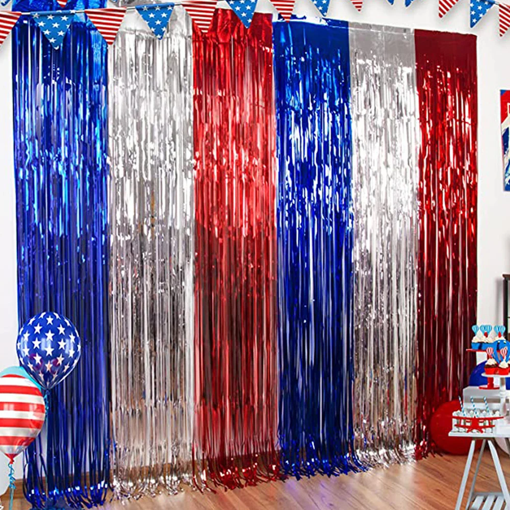 

1Pcs Red White Blue Foil Fringe Tinsel Curtain Backdrop 4th of July Independence Day Party Background Wall Decor 1x2m/1x2.5m