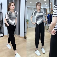 cotton casual sports suit womens 2022 summer new slim harem pants all match striped t shirt two piece set