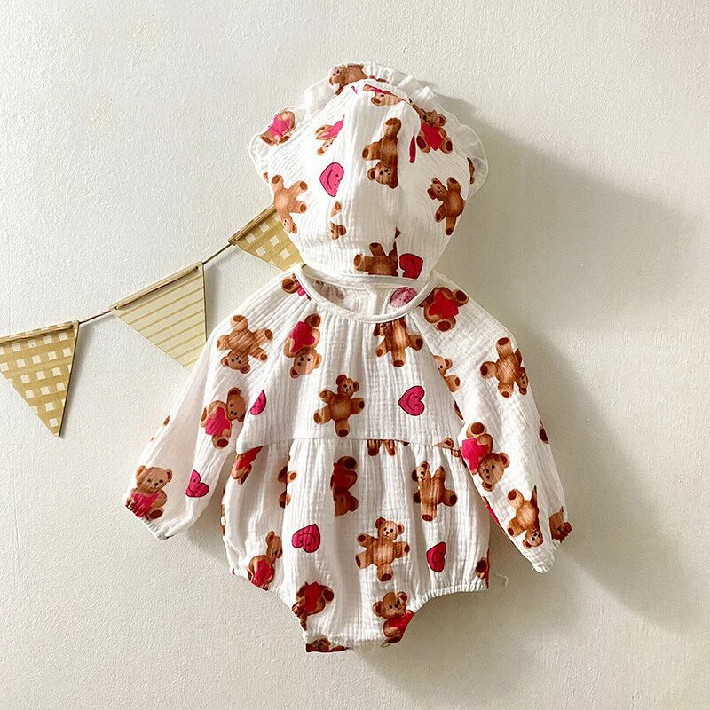 

Baby baby clothes spring and autumn boys and girls cute long-sleeved simple bear triangle jumpsuit baby romper with hat