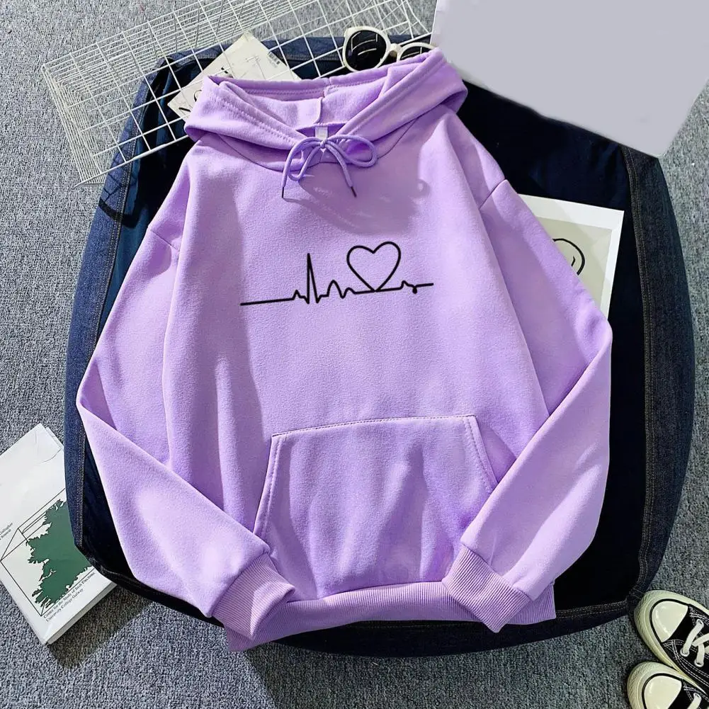 

Women Autumn Hoodie Loose Pullover Couple Hoodie Unisex Heart Print Spring Hoodie Elastic Cuff Drawstring Lady Hoodie For Work