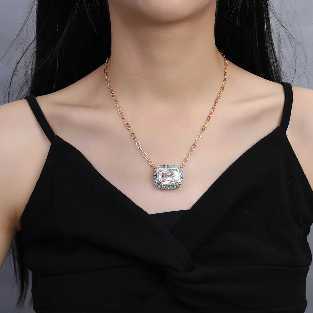 Luxury Crystal Large Square Stone Pendant Necklace Female Clavicle Accessories Trendy Silver 925 Lady Chain Necklace For Girls
