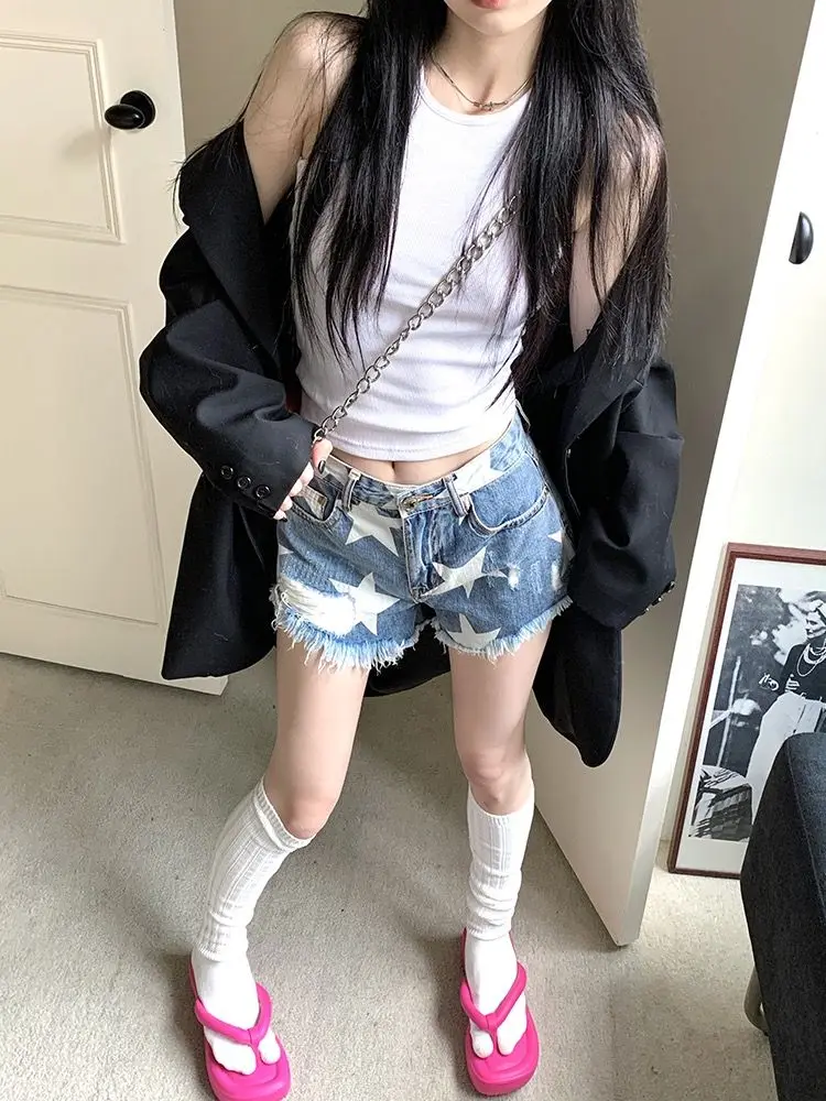 New White Star Denim Shorts Womens Vintage Raw Edge Ripped Sexy Babes Denim Shorts Fashion Streetwear Y2K Womens Shorts