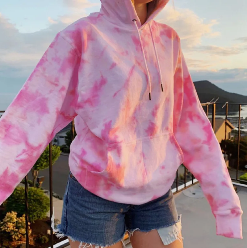 

Women Casual Tie Dye Printed Hoodies Top Winter Warm Long Sleeve Sweater Blouse Lady Daily Pocket Draw String Hooded Sweatshirts