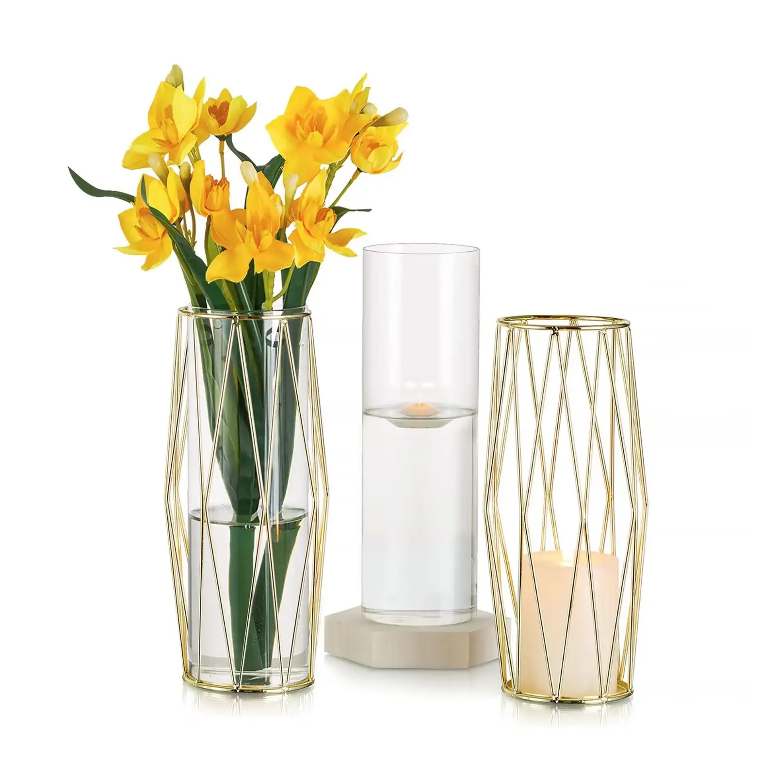 

Glass Cylinder with Metal Frame 11" Gold Geometric Vase for Flowers Set of 2
