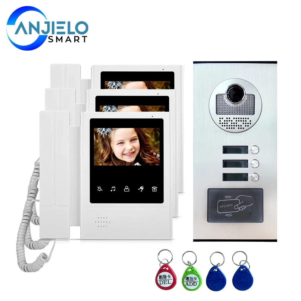 4.3'' TFT Wired Video Intercom System RFID Camera with 2/3/4 Monitor Doorphone for Multi Apartment Security EM Key Unlock