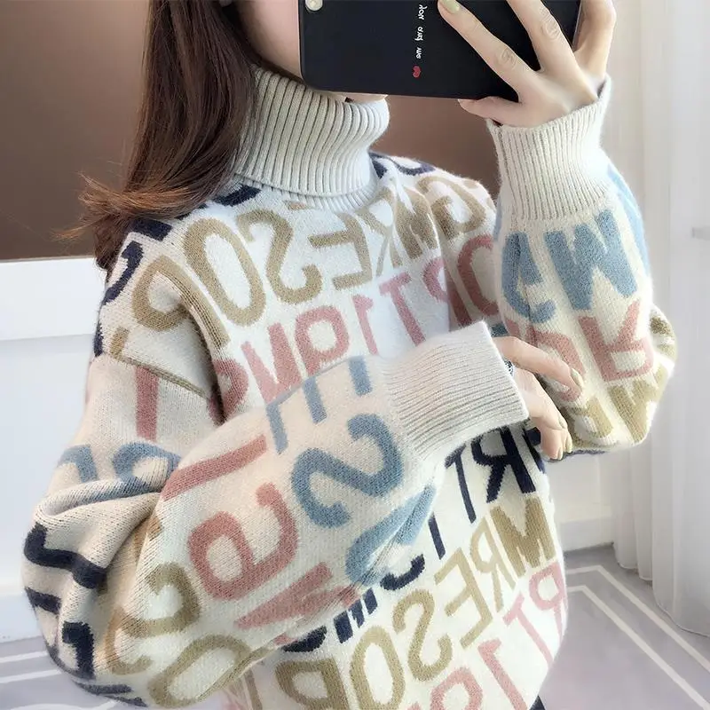 

TPJB Autumn Winter Basic Sweater Women Turtleneck Letter Jacquard Top Long Sleeve Pullover Casual Bottoming Shirts Warm Jumper