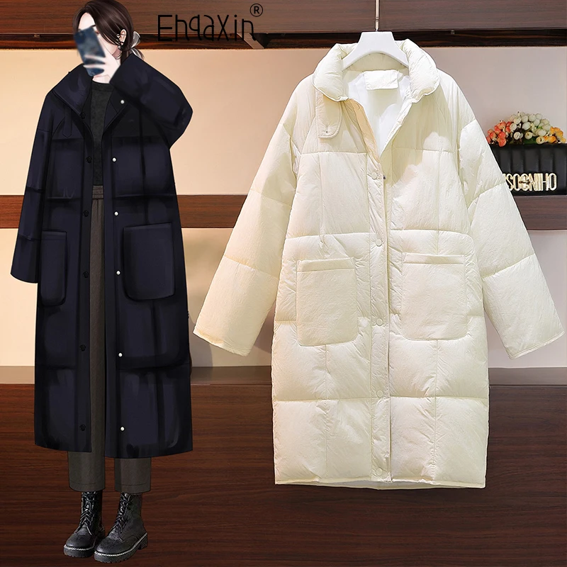 EHQAXIN 2022 Winter Women's Down Jackets Casual Loose Long Thick Cotton Jacket Wind Proof Button Warm Cardigan Coats M-4XL