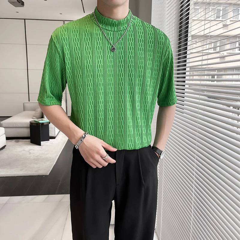 

2022 Summer Ice Silk T Shirt Men Short Sleeve Loose Half Turtleneck Casual T-Shirt Oversized Streetwear Tee Tops Men Clothing