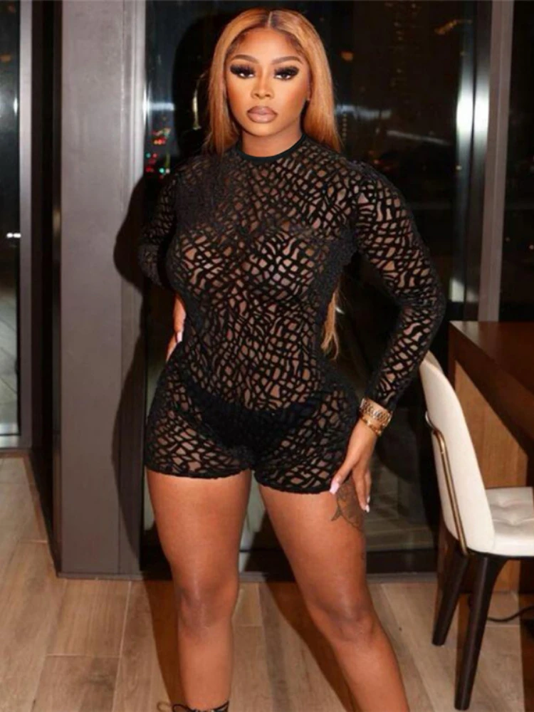 

Sexy Mesh See Through Long Sleeve Playsuit Women Black Hollow Out Partywear Summer Legging Shorts Club Rompers Coquette Outfit