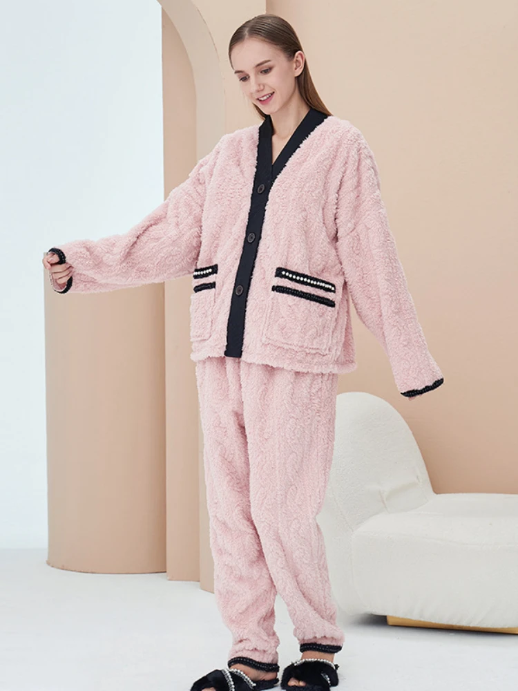 Winter Pajamas Women's Coral Fleece Loungewear Flannel Pajamas Set 2 Pieces Cardigan Couples Homewear Comfortable Elegant