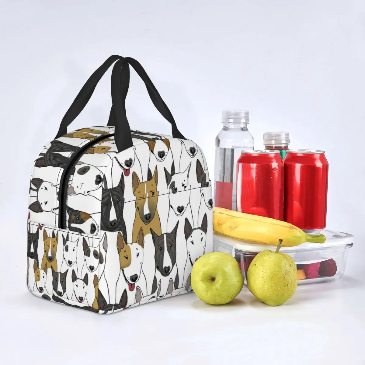 

Dog Head Lunch Bag with Handle Black and White Brindle Gray Cool Cooler Bag Carry Takeaway Aluminum Thermal Bag