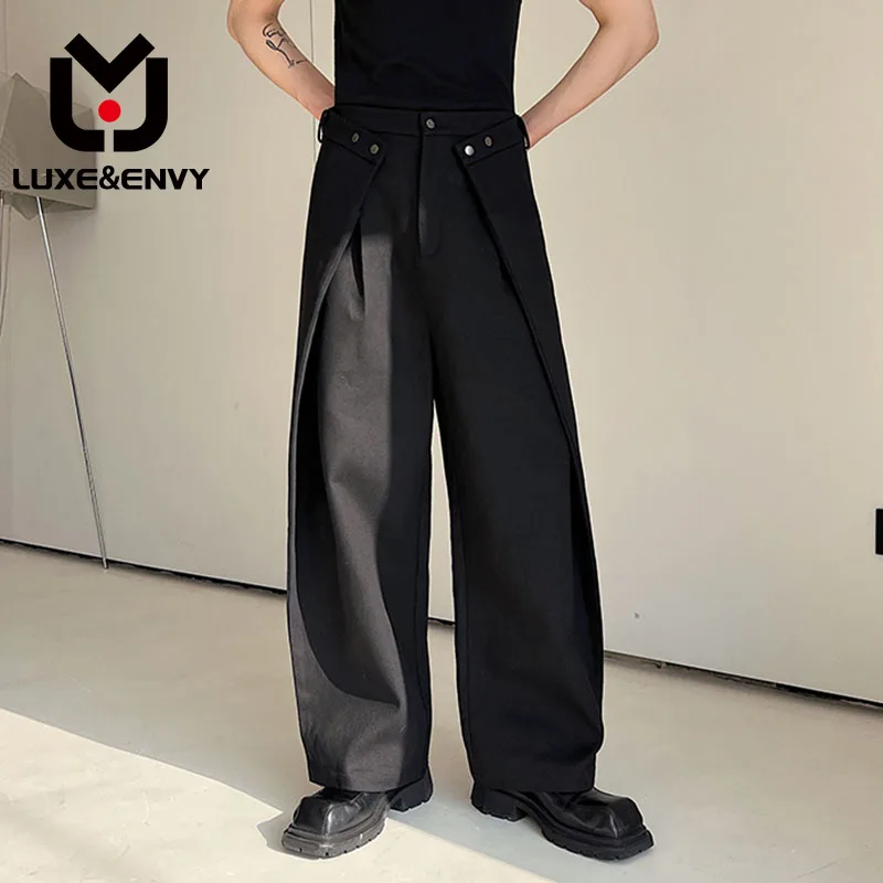 

LUXE&ENVY Designer Loose Cut Loose Wide Leg Men Jeans 2023 Solid Color Patchwork Korean Fashion Male Trousers