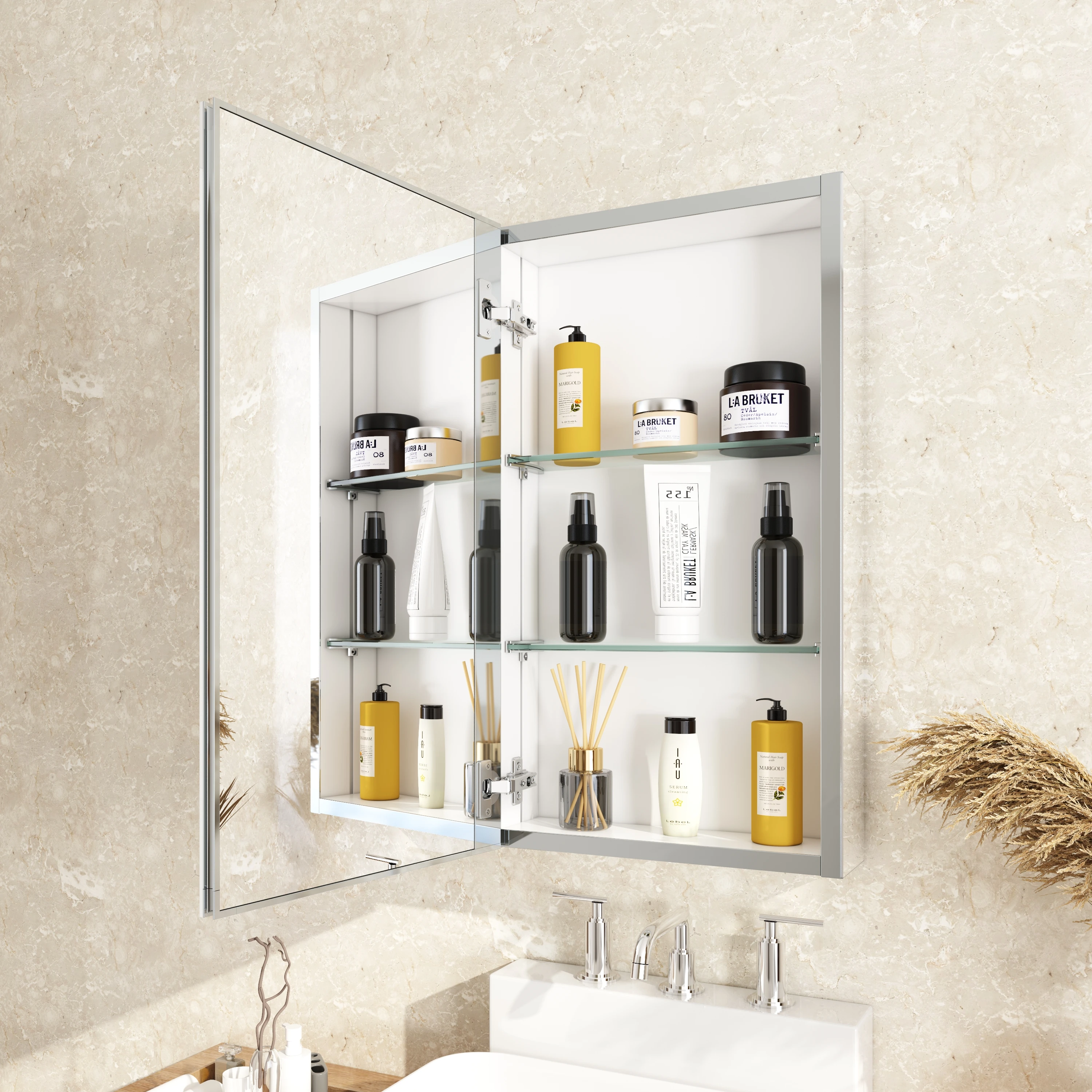 

Single Medicine Cabinet with Mirrored Door 15 Width x 26 Height Aluminum Frameless with Beveled Edges Silver