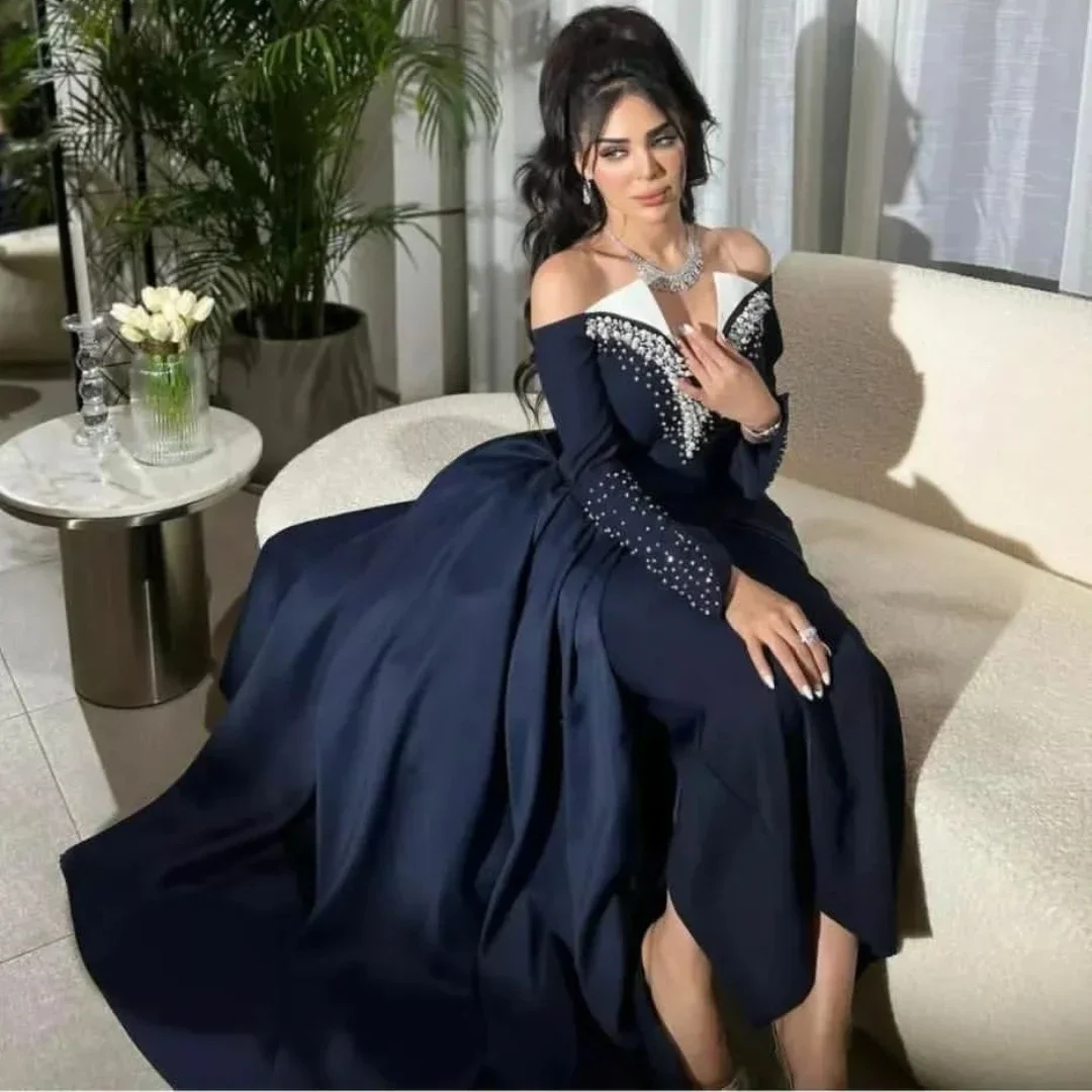 

Saudi Arabia Prom Dresses Navy Blue Sheath Evening Dresses Beaded Long Sleeves Prom Dress with Overskirt Formal Party Gowns