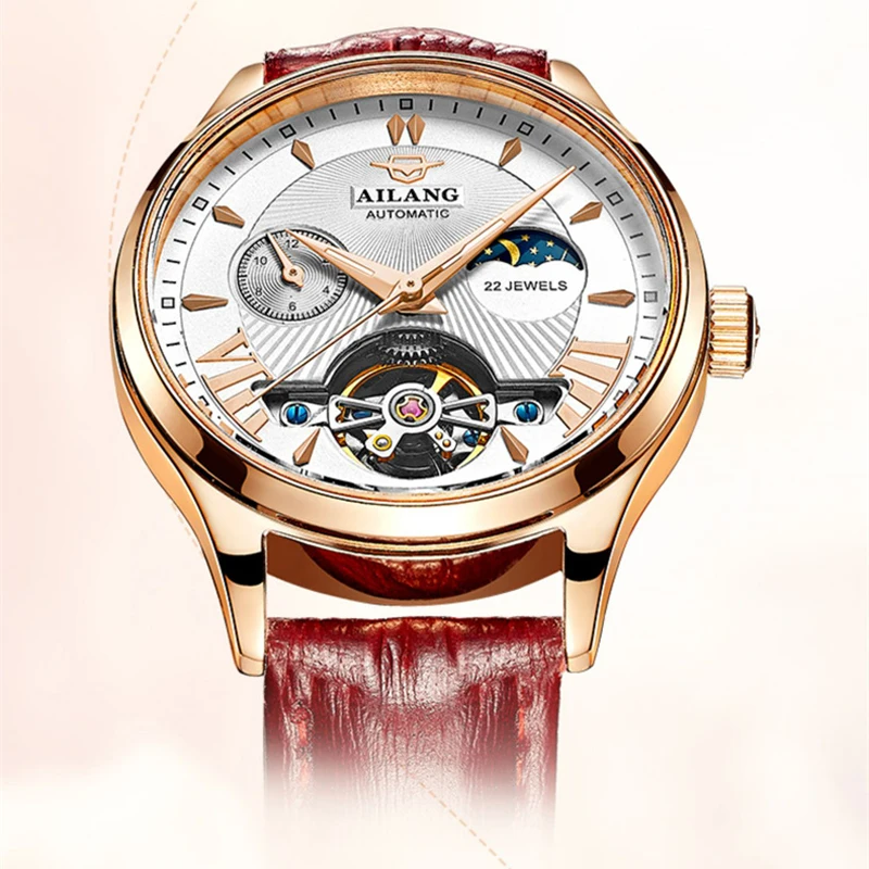 AILANG Luxury Classic Fashion Tourbillon Women Wrist Watch Top Automatic Mechanical Lady Watch Rose Gold Red Leather Strap Reloj