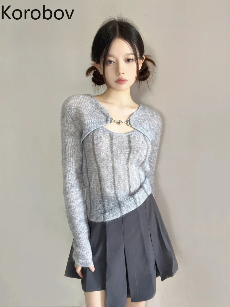 

Одежда Korobov Y2k, дикие вязаные топы, дизайнерский жилет, комплект из двух предметов, женские осенние новые облегающие футболки, однотонные жен...