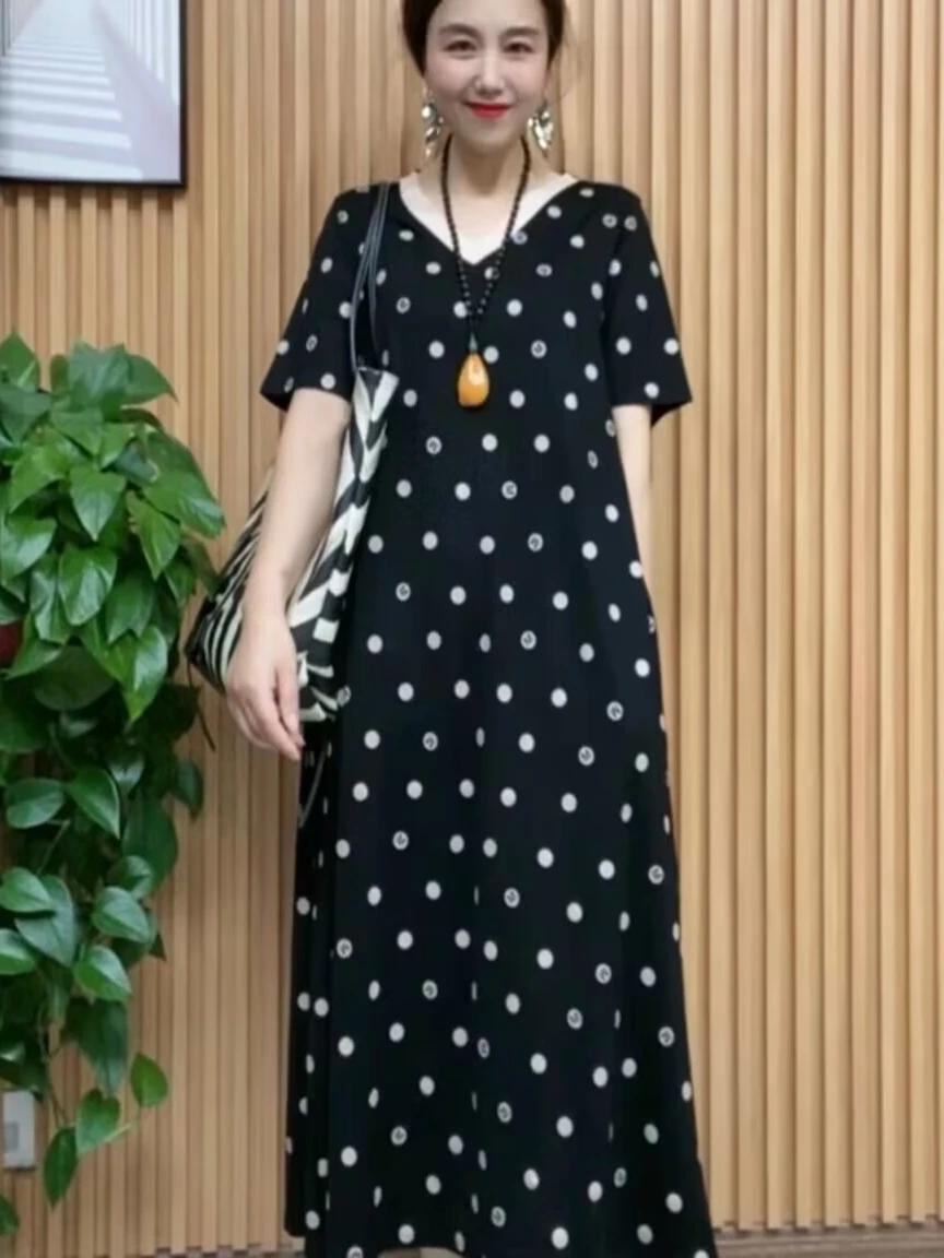 Модное платье в горошек с короткими рукавами новое летнее v-образным вырезом