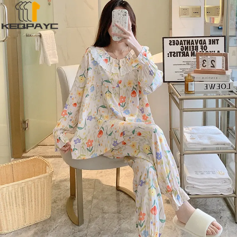 Women's Pajamas New Spring Autumn Long Sleeve Lace Cardigan Thin Sleepwear Women Flower Print Casual Nightwear Clothing Sets