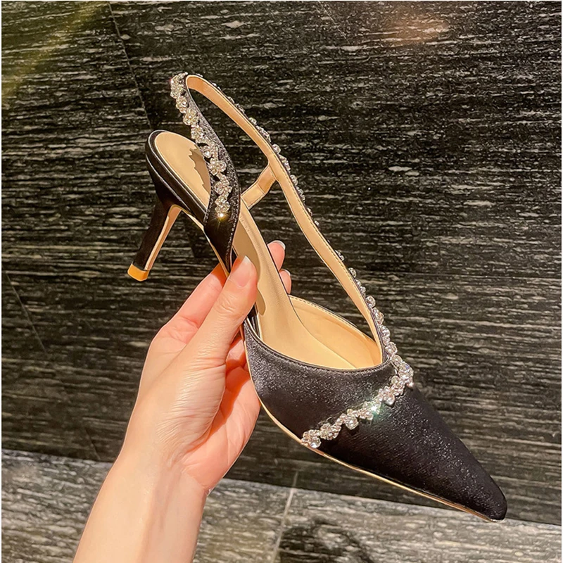 

Sexy Pointed Toe Rinestones Stiletto High Heels Mules Sandals Fashion Crystal Design Slip-On Pumps Women Shoes