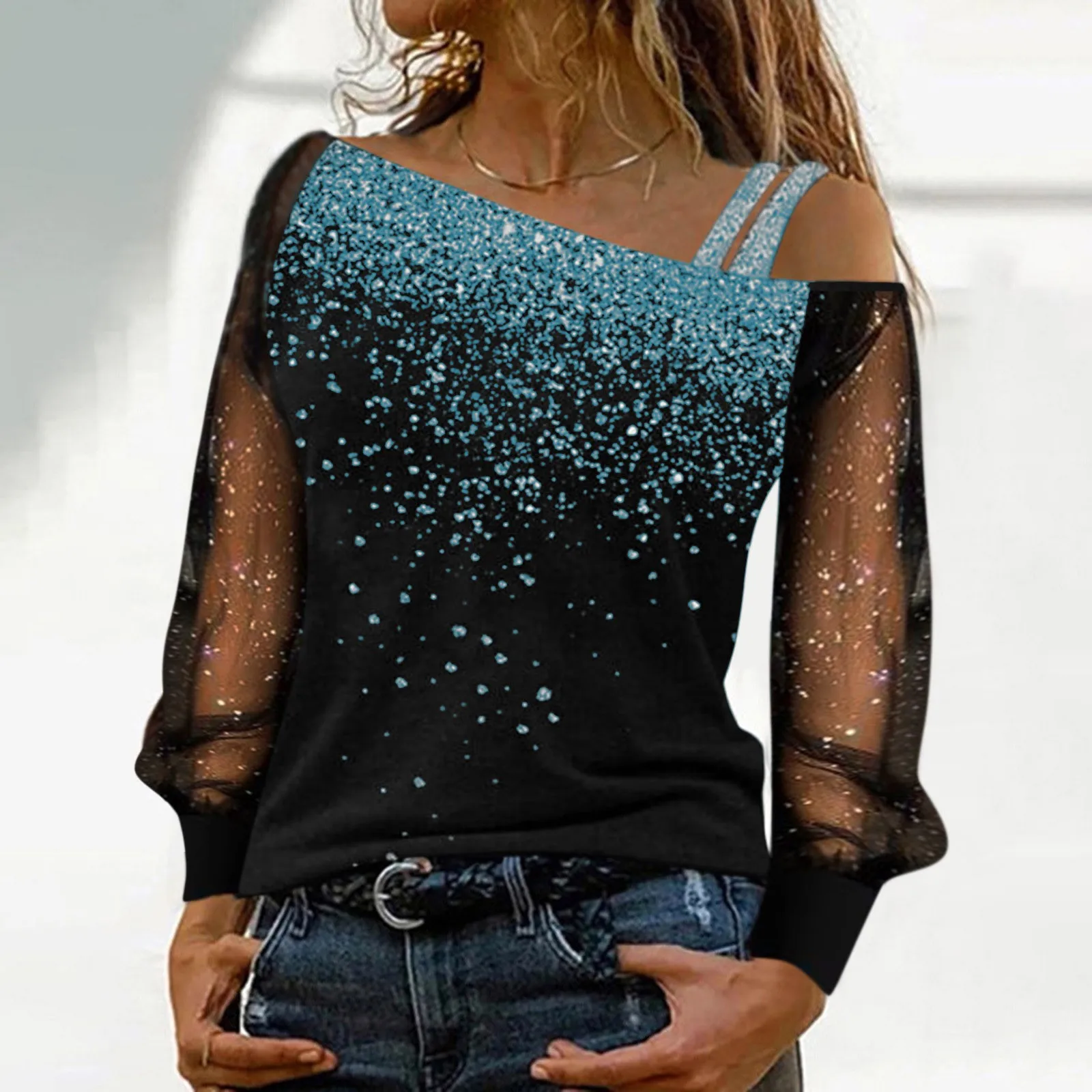 

Women Fashion Sleeve Mesh Cold Tops Loose Shoulder Sequin T Short Sleeve Tee Shirt Women Burnout Tee Shirts Woman S Tee Shirt