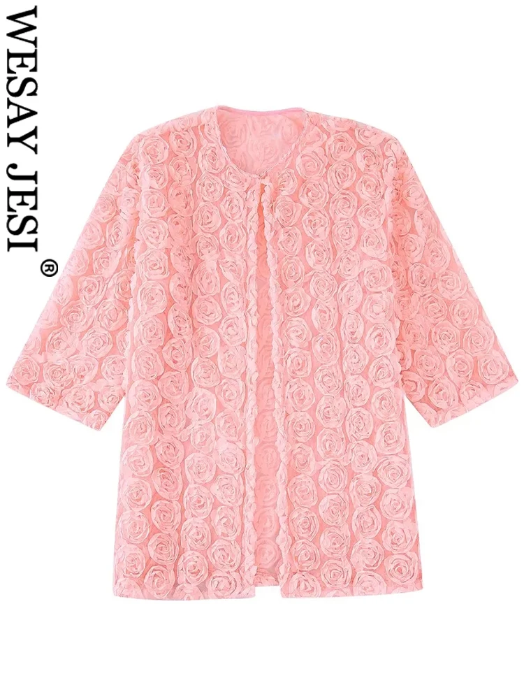 

WESAY JESI Sweet Mesh Cute Cardigan Shirt Coat Solid Color Pink Three-dimensional Flower Long Sleeves Female Chic Elegant Top