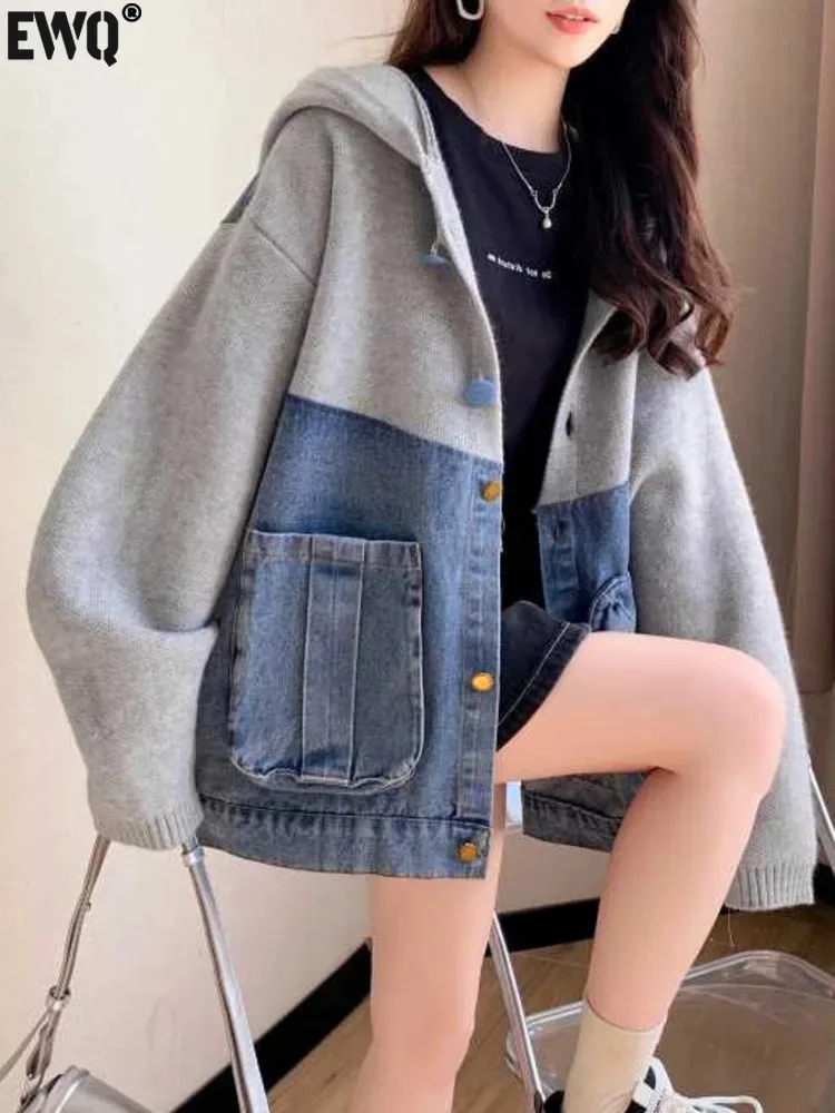 [EWQ] Лоскутный джинсовый однобортный вязаный кардиган с длинными рукавами и