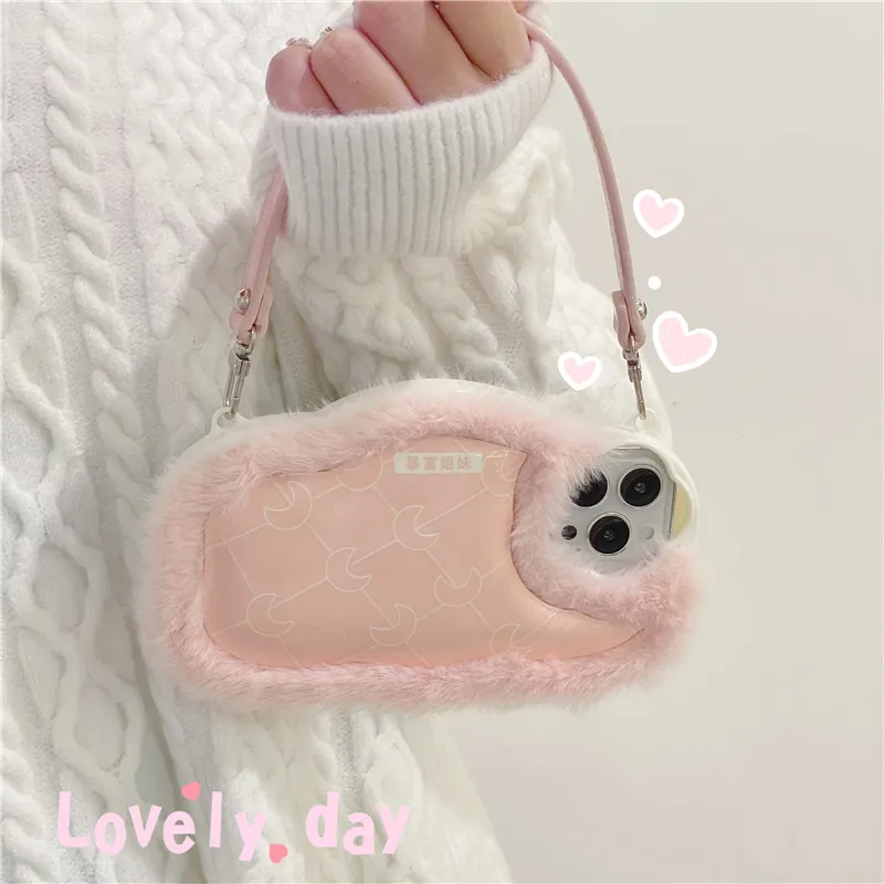 

Fashion Moon Pink Cloud Bag Crossbody Case For iphone 14 13 12 i11 Pro Max 13pro Girl handbag Fluffy Phone Cover With Lanyard