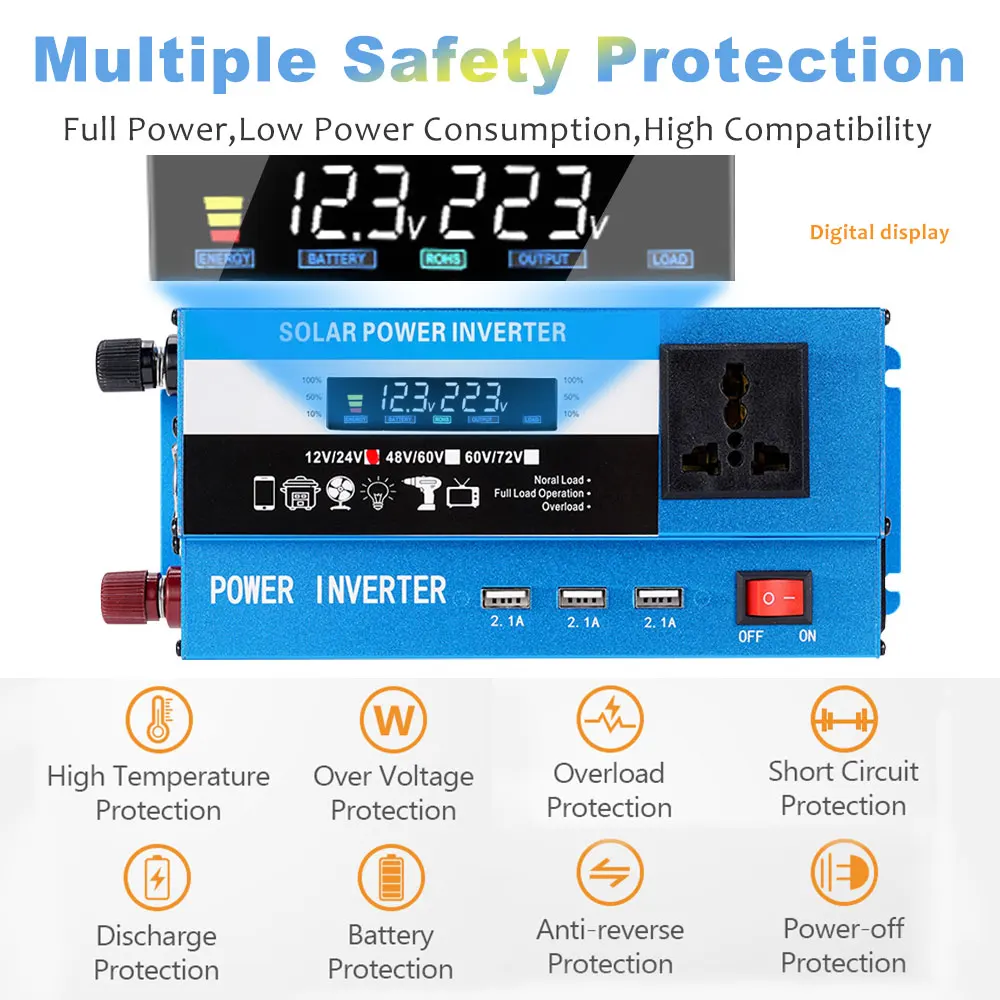 

2200W 12-24V220V 50HZ Automotive Solar Inverter Modified Sine Wave LCD Screen Transformer Converter